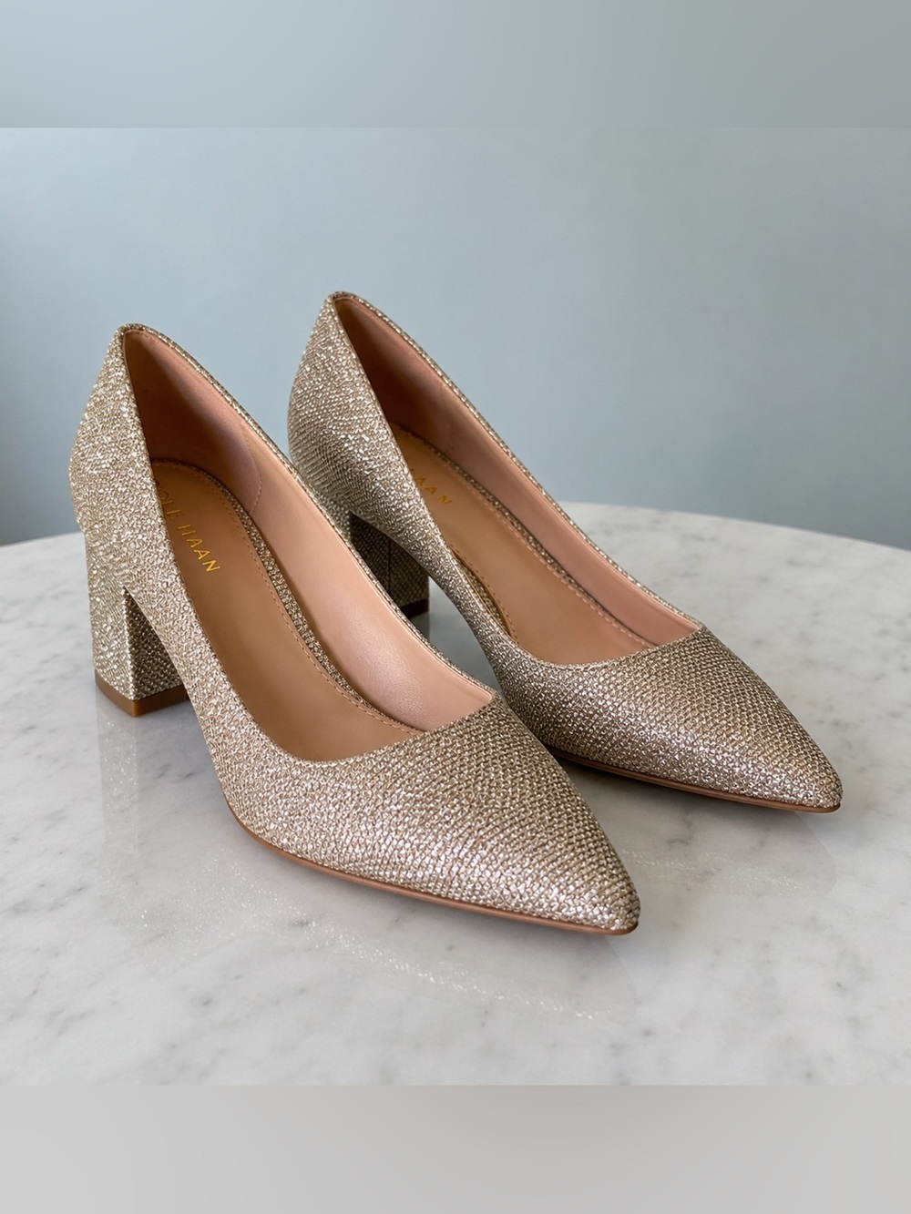 Cole Haan GrandPro Gold Glitter Block Heel Pumps NWT Size 6B